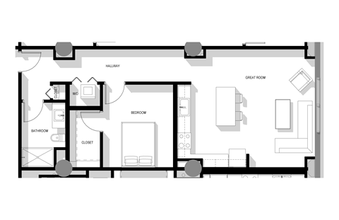 Floor plan for 1 bed, 1 bath, 785 sqft
